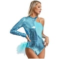 thumbnail image 3 of TSSOE Women Asymmetrical Latin Dance Leotard Sequins Long Sleeve Gymnastics Bodysuit Unitard Jazz Dance Tops Blue S, 3 of 4