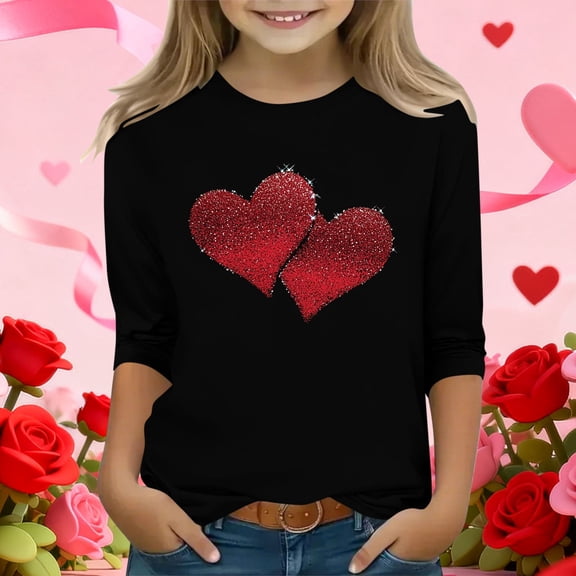 Girls Black Glitter Heart Cold Shoulder Top, 3/4 Sleeve Soft Stretch 95% Polyester Casual Shirt for Kids 4-12 Years,Size 10-11T
