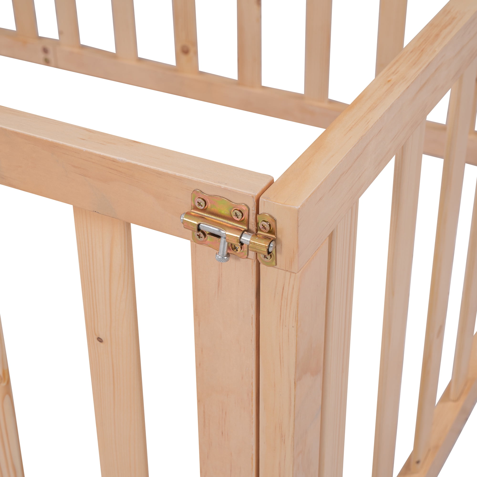 Gewnee Twin Size Toddler Floor Bed,Pine Wood Kids Floor Bed Frame with Fence and Door,Natural