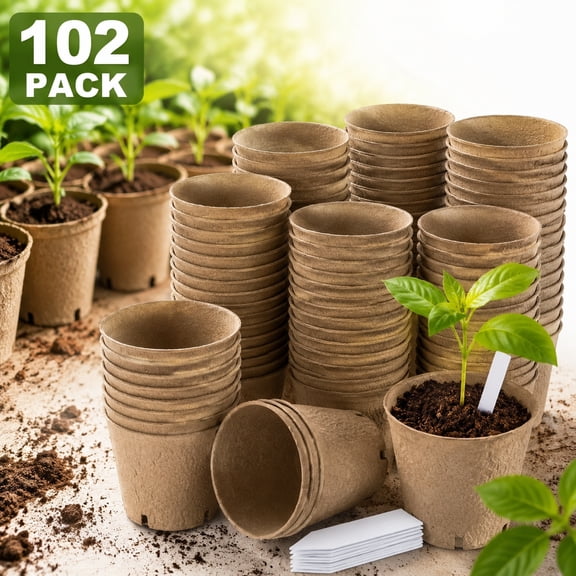 Deally 102-Pack 3.15" Biodegradable Peat Pots with 50 Plant Labels – Seed Starter Pots (Bottom Dia: 1.77") for Vegetables, Flowers & Herbs, 4 Drainage Holes, Organic Indoor/Outdoor Gardening