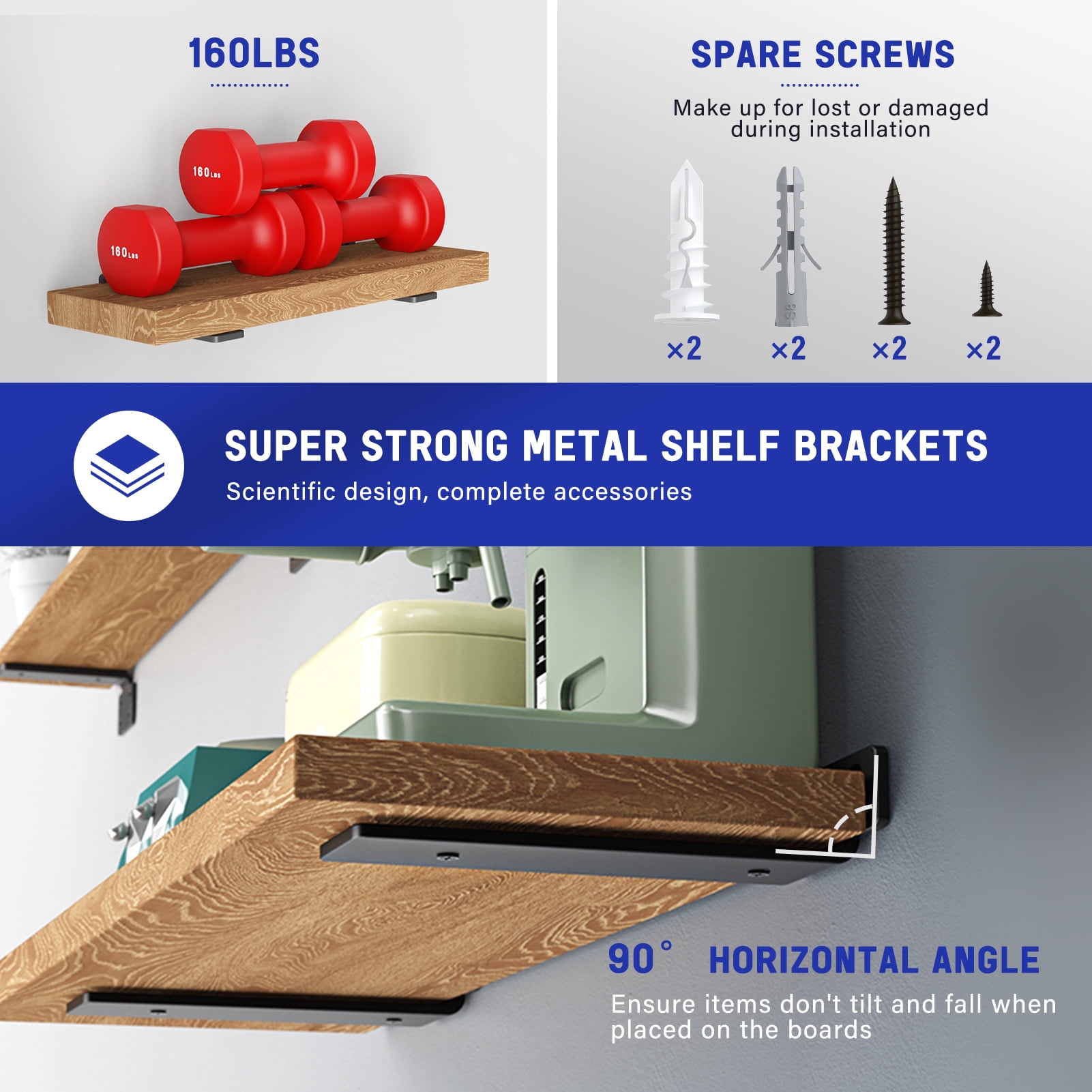6 Pack Heavy Duty Shelf Bracket, 10 inch Floating Shelf Brackets(1/5"-Thick) Black Metal Wall Shelf Support Brackets, Holds 160+lb