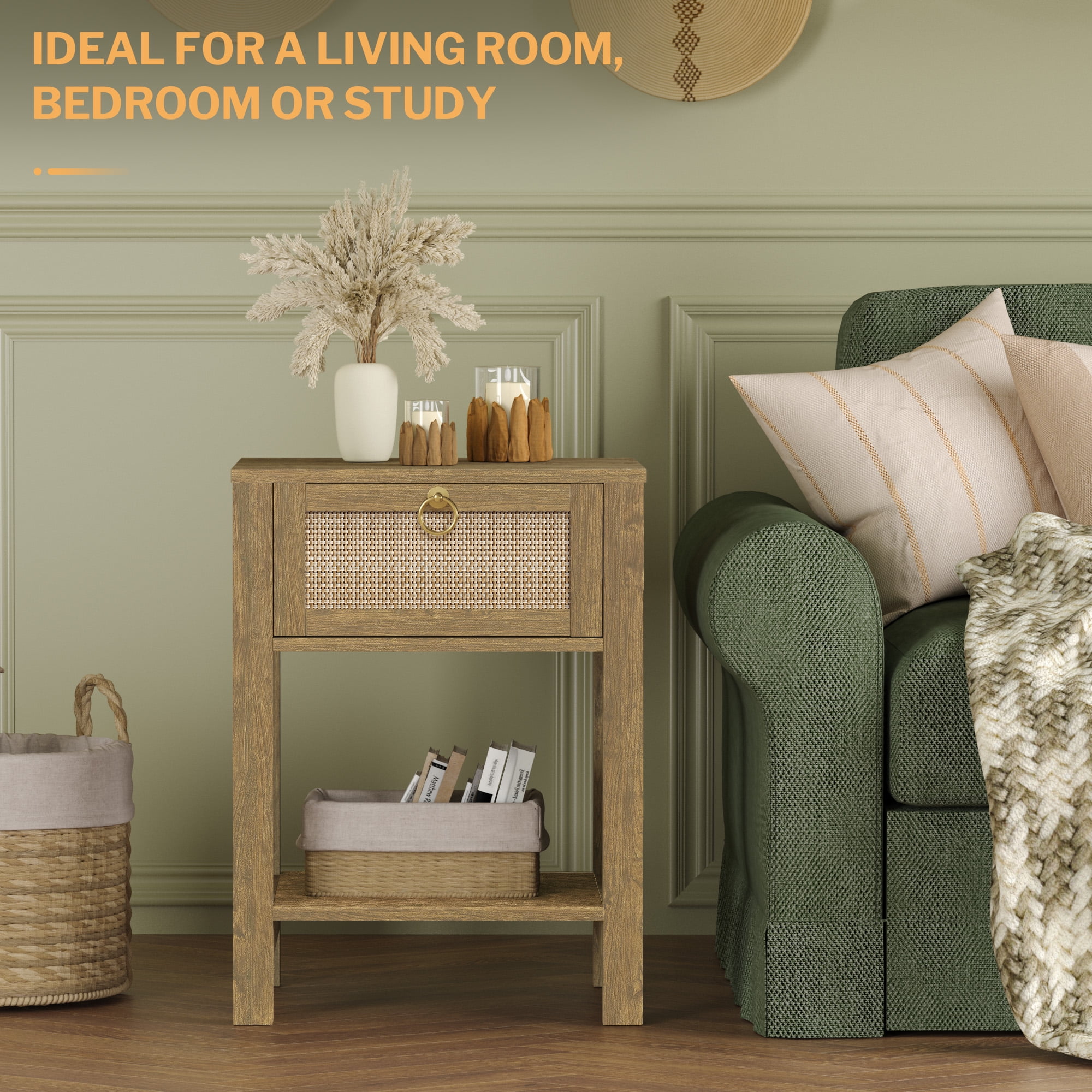 SICOTAS Rattan Nightstands Set of 2, Cherry Farmhouse Boho End Side Table with Drawers, Engineered Wood Accent Bedside Table for Bedroom, Living Room