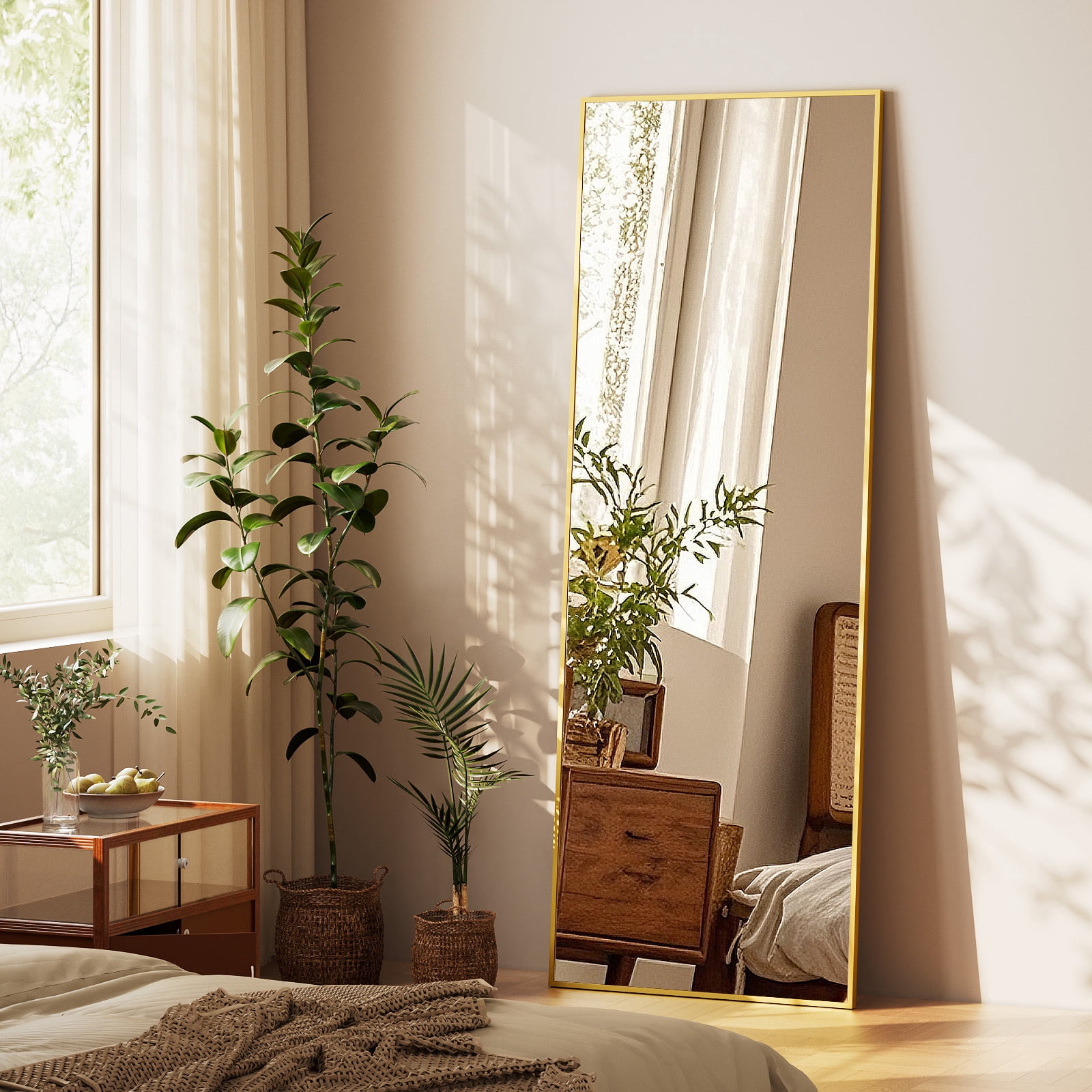 Easy4Home 64"x21" Rectangular Full Length Mirror Freestading Full Body Floor Mirror, Gold