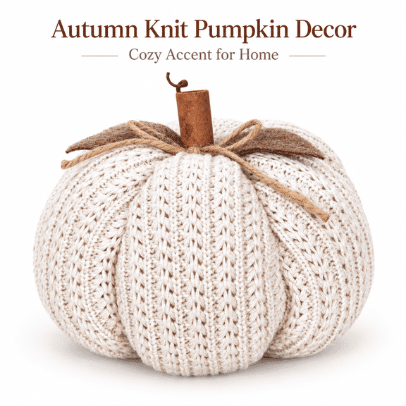 Fall Pumpkin Decor, Cream Knitted Pumpkin Tabletop Decoration, 7.1 in Neutral Autumn Accent for Mantel, Shelf, Dining Table, Living Room and Thanksgiving Decor