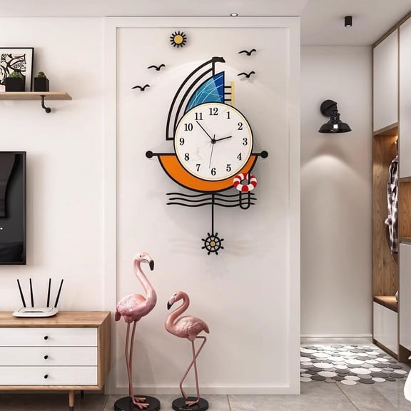 Modern Wall Clock Battery Operated 23 InchLarge Boat Design Pendulum Wall Clocks for Living Room Decor 3D Silent Clock Wall Decor Sticker Non Ticking for Bedroom Office Home Kitchen Decoration