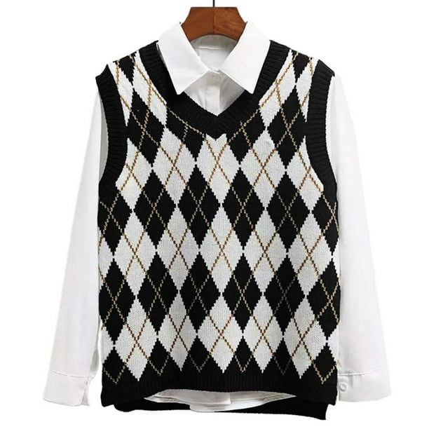 Gemijacka Women's V Neck Knit Sweater Vest Argyle Plaid Preppy Style