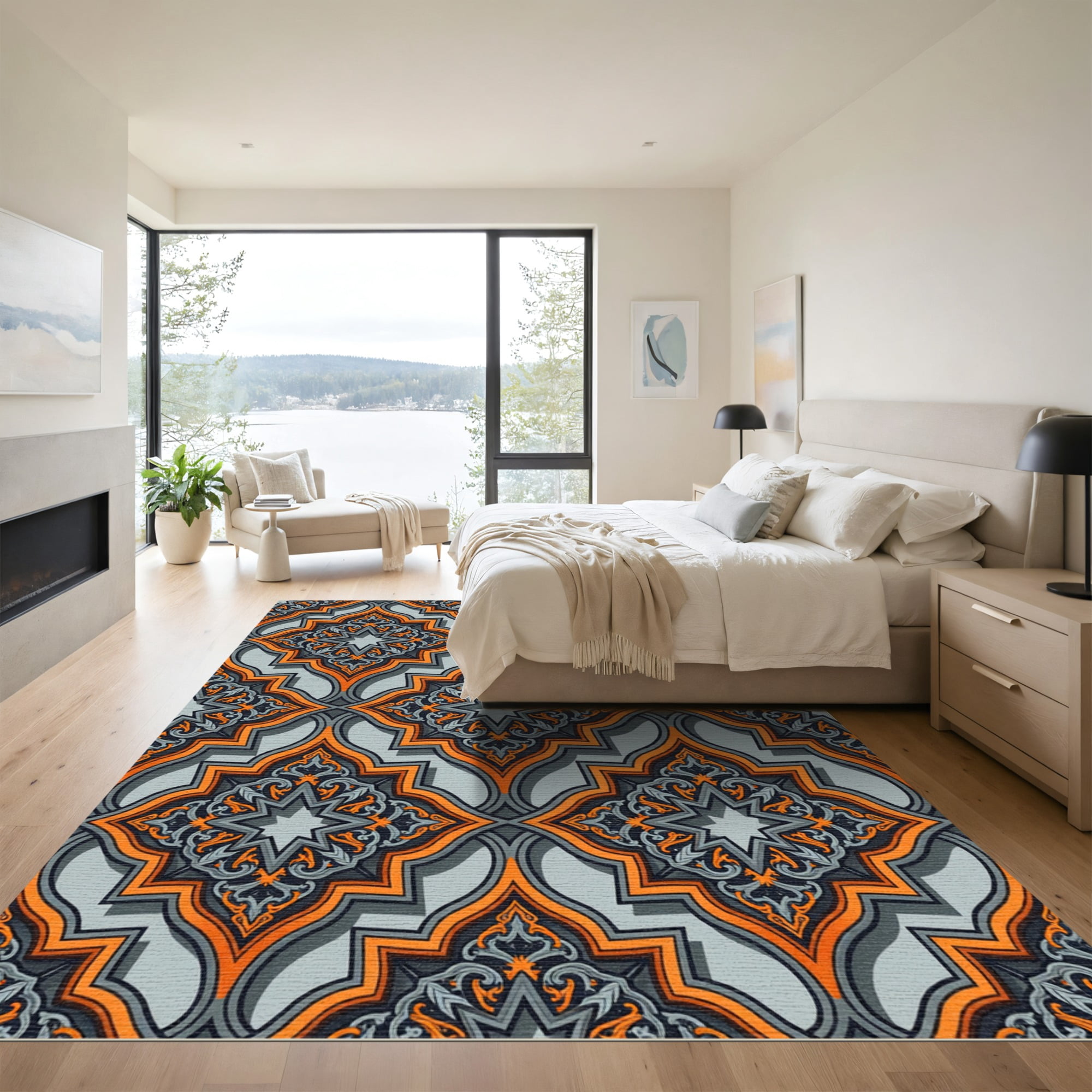 ODIKA 6'x9' Machine Washable Non-Slip Area Rug, Geometric Burnt Orange High Traffic Rug, Gray, 1017428