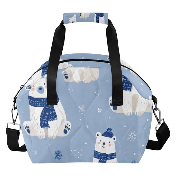 Christmas Cute Polar Bears with Blue Scarves Insulated Lunch Bag Reusable Quilted Lunch Box Waterproof Leakproof Lunch Container