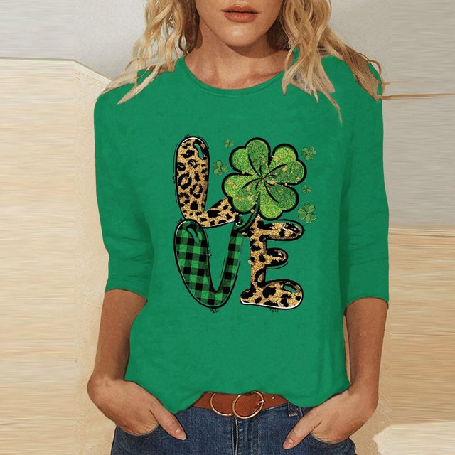 Meichang Hauts à Manches 3/4 pour Femmes T-Shirts Jour de la Saint-Patrick T-Shirts Graphiques Trèfle Vert Hauts Irlandais Chanceux T-Shirts Décontractés Col Rond Cadeaux Jour de la Saint-Patrick pour Femmes