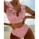 thumbnail image 2 of Bikini de 2 piezas para mujer, con volantes, cintura alta, con cordones, cuello en V, tirantes dobles, traje de baño para nadar en la playa, Rosa XL, 2 of 6