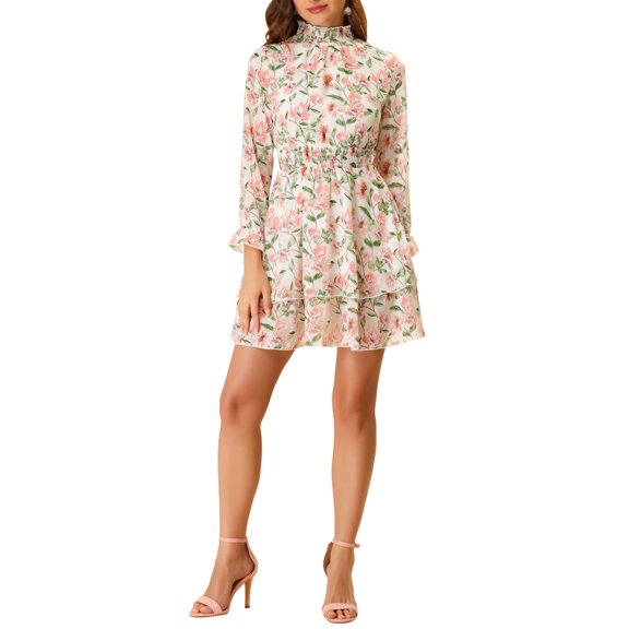 INSPIRE CHIC Women's Floral Ruffle Trim Long Sleeve Smocked Neck Layered Mini Dresses XS White