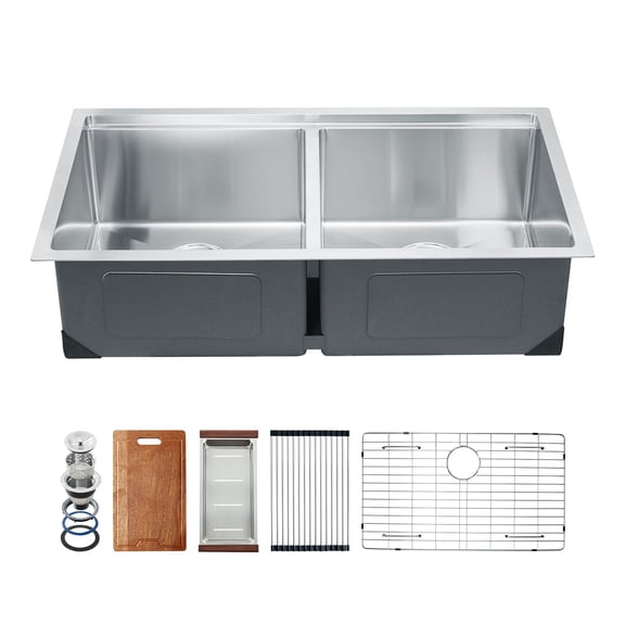 Dranite Double Bowl Kitchen Sink 33", Stainless Steel Undermount Drop-In Basin