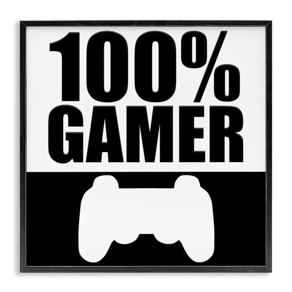 100% Gamer Black & White Black Framed Giclee Art, design by Kim Allen