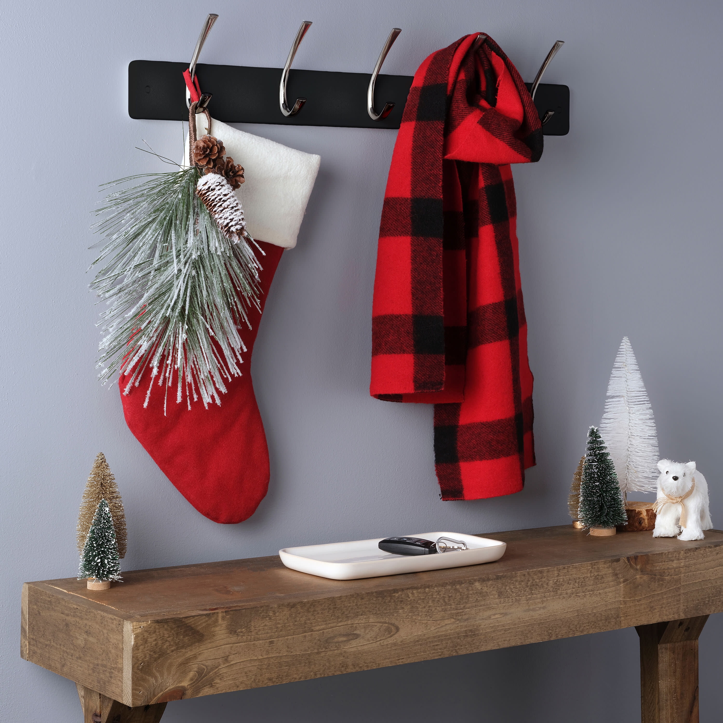 Melannco 27X5 Inch Wall Mount MDF Coat Rack With 5 Silver Metal  Hooks Black