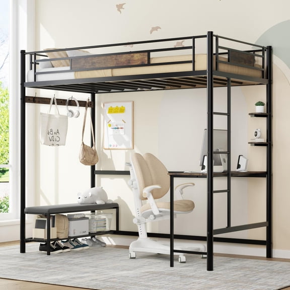 Loft Bed with Storage, Twin Size Loft Bed, Metal Loft Bed Frame with Storage and Space Saving Design, Brown