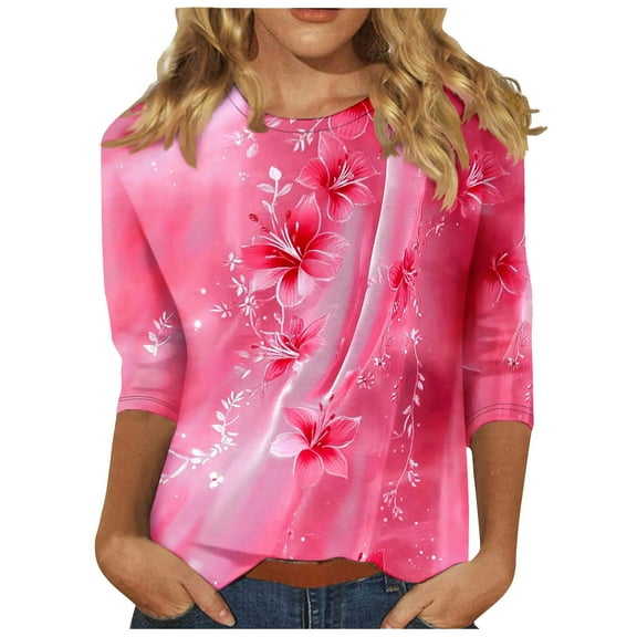 Women's 2025 Fashion Tops 3/4 Sleeve T-Shirts Graphic Crewneck Basic Business Tees Blouses Pink A XXL