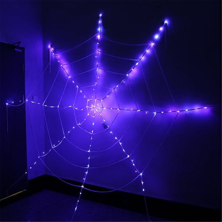 Tarmeek Halloween Spider Web Light with Black Spider, 12FT Purple 120 LED Spider Web Decorations Lights- Battery Operated, Suitable for Party, Yard, Indoor&Outdoor Halloween Decoration