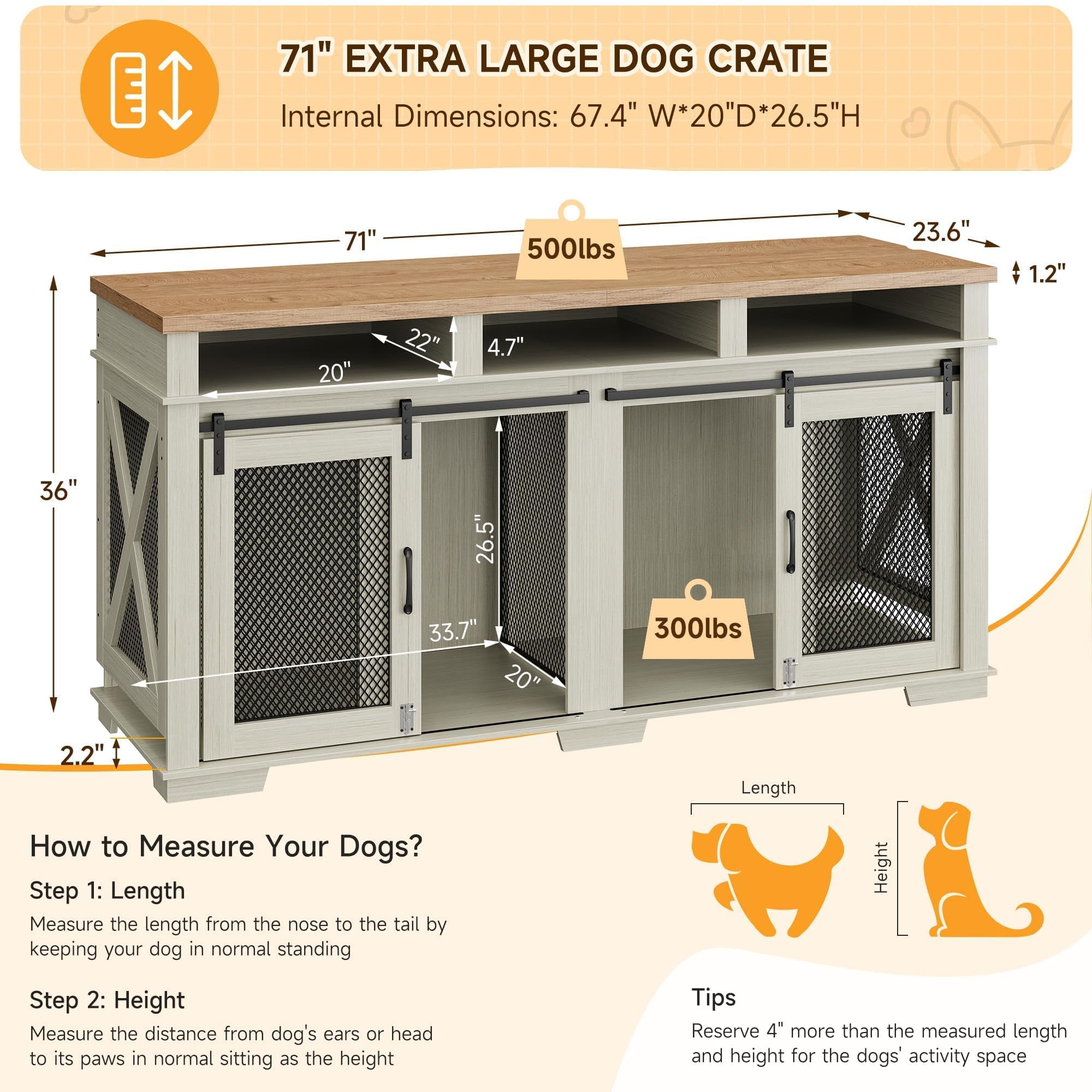Dog Crate Furniture for 2 Dogs, Wooden Dog Cage with Storage Compartment, Indoor Dog Kennel with Removable Divider and 2 Sliding Barn Door for Large/Medium Dogs