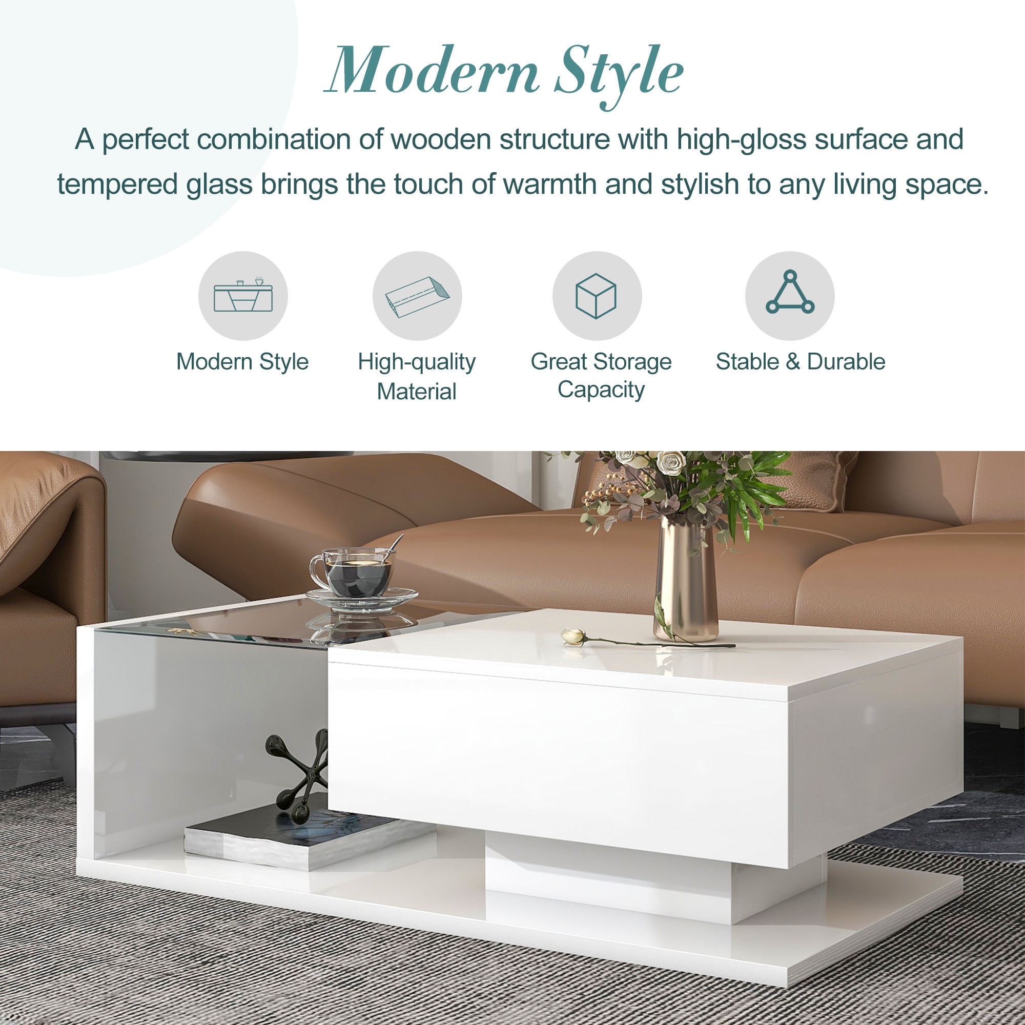 MAYEERTY Modern Coffee Table with Tempered Glass, Wooden Cocktail Table with High-Gloss UV Surface, 2-Tier Rectangle Center Table for Living Room, White