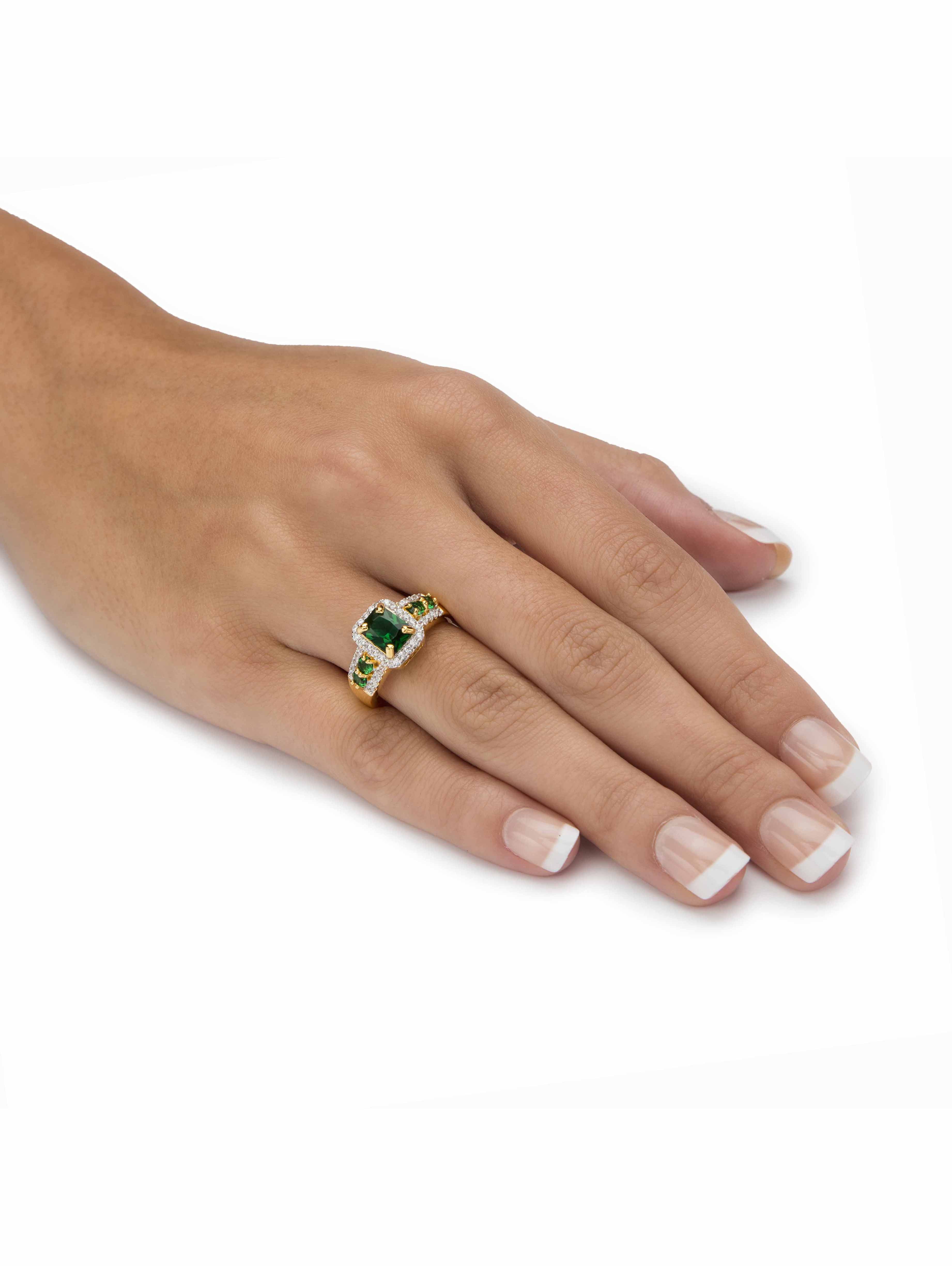 PalmBeach Jewelry Emerald-Cut Simulated Green Emerald or Red Ruby and Cubic Zirconia Halo Cocktail Ring Yellow Gold-Plated