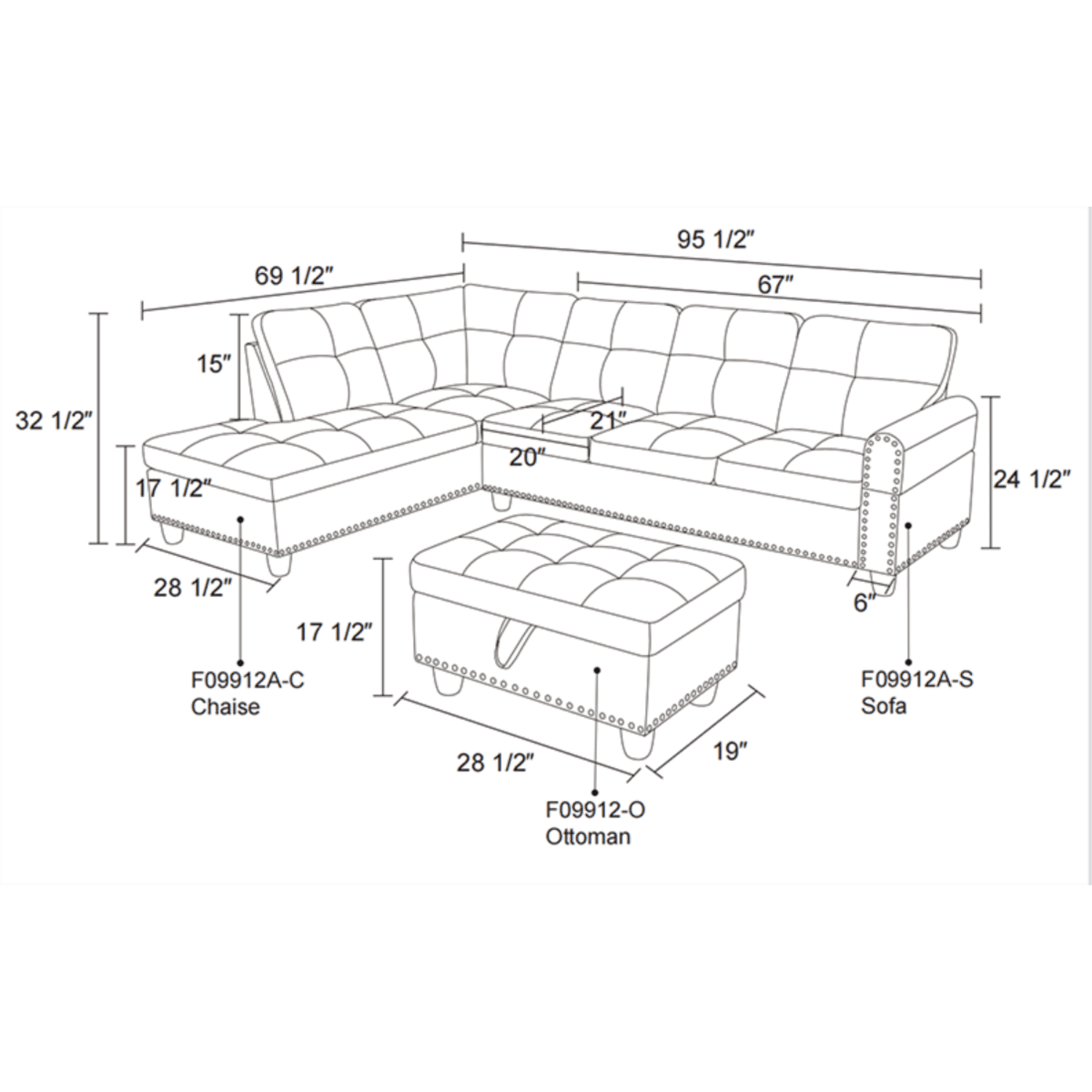 Hommoo Faux Leather Living Room Furniture Set, Modern Nailhead Trim L-Shaped Sectional Couch and Sofa Set with Cup Holder, Left Side, Black