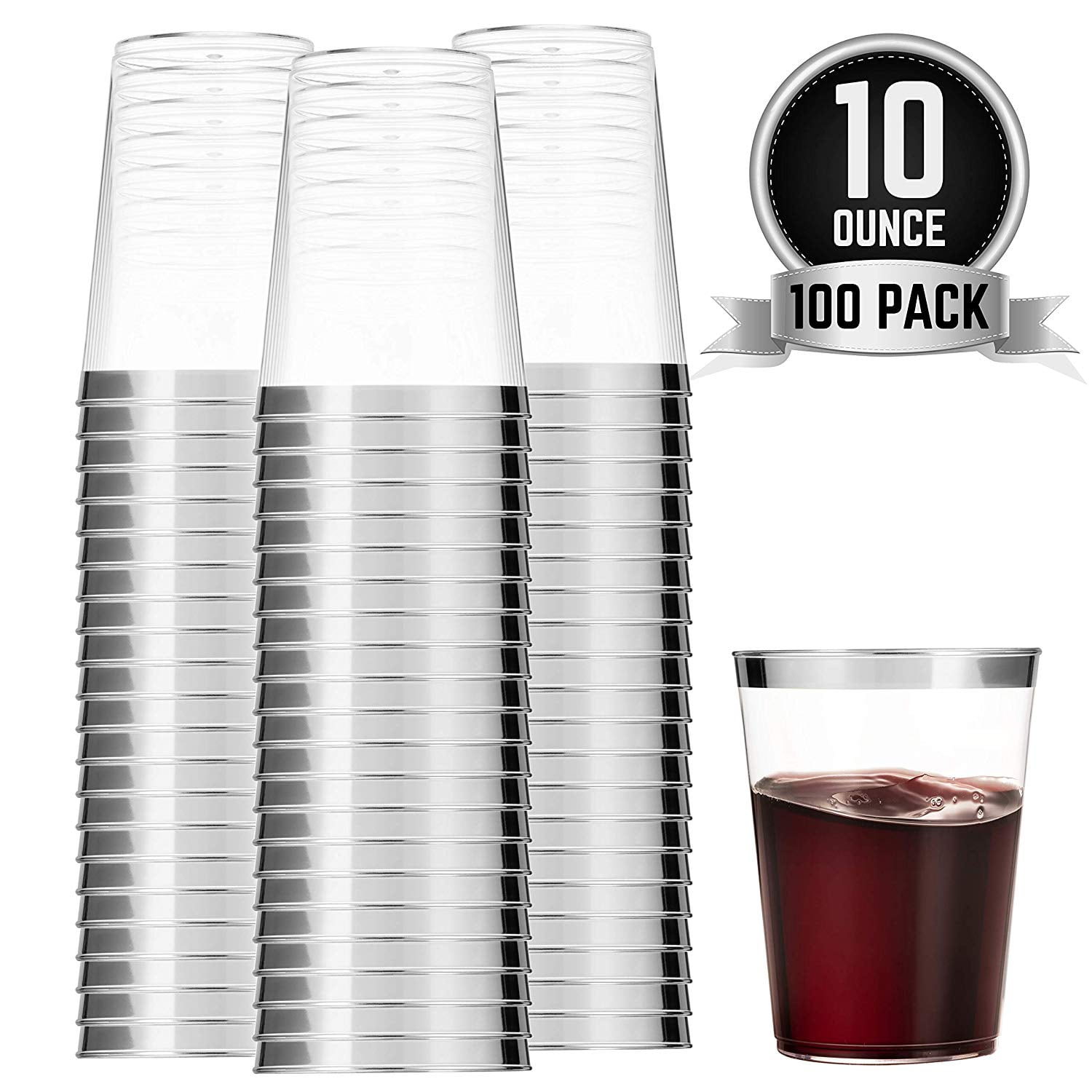 100 Silver Plastic Cups 10 Oz Clear Plastic Cups Tumblers Silver Rimmed