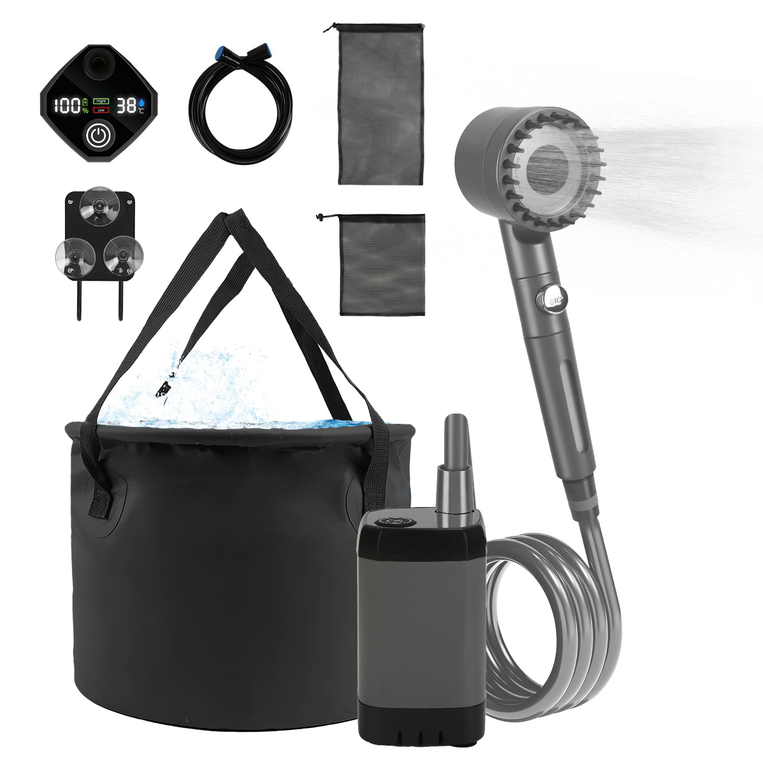 Moclever Portable Camping Shower, IPX7 Waterproof 6000mAh Rechargeable Shower Pump, Shower Head, 5.3Gallon Foldable Bucket, Black