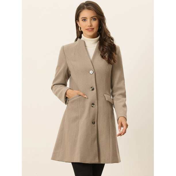 Abrigo largo elegante de invierno para mujer con cuello en V y un