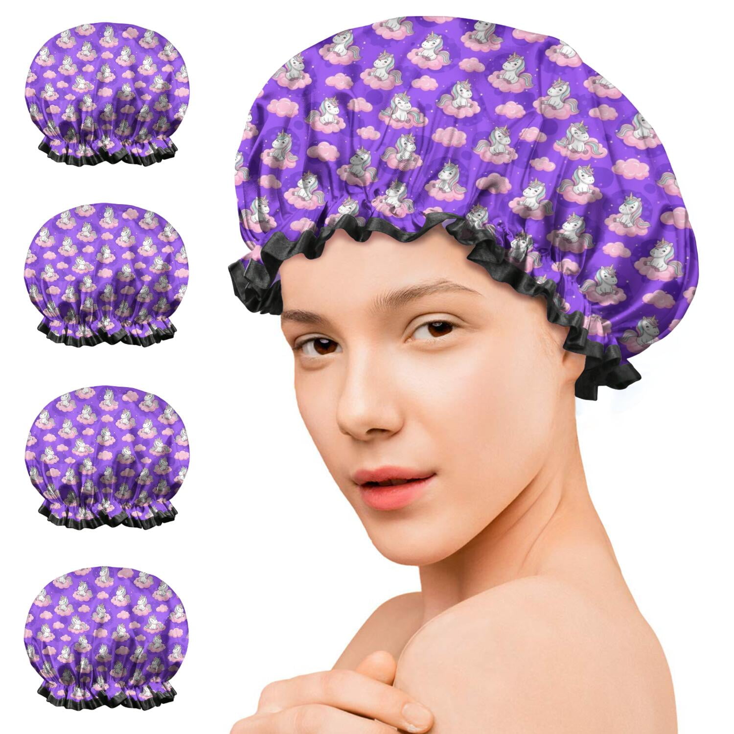 Shower Caps,Purple Cartoon Unicorn Cloud Pattern Waterproof Shower Cap for Women 4 Pieces,Double Reusable Hair Cover for Shower PEVA Elastic Stretch Hem