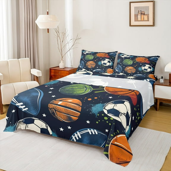Castle Fairy Teens Volleyball Soccer Football 3Pcs Twin Sheet Sets,Sport Gamer Twin Fitted Sheet,Graffiti Splash Breathable Flat Sheet,Lightweight Room Decor
