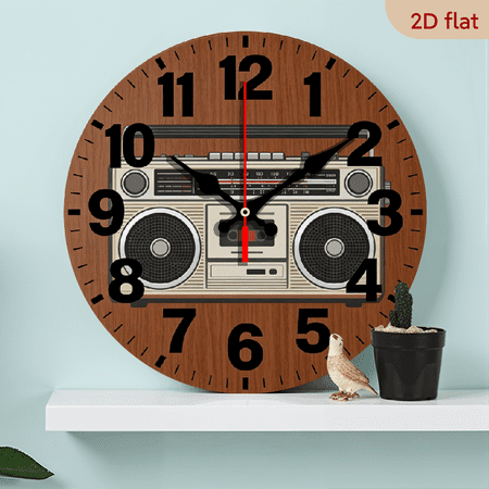 A 10-inch 2D flat retro radio themed wooden circular wall clock, suitable for decoration in bedrooms, living rooms, and offices. It is an ideal gift for Christmas and New Year.
