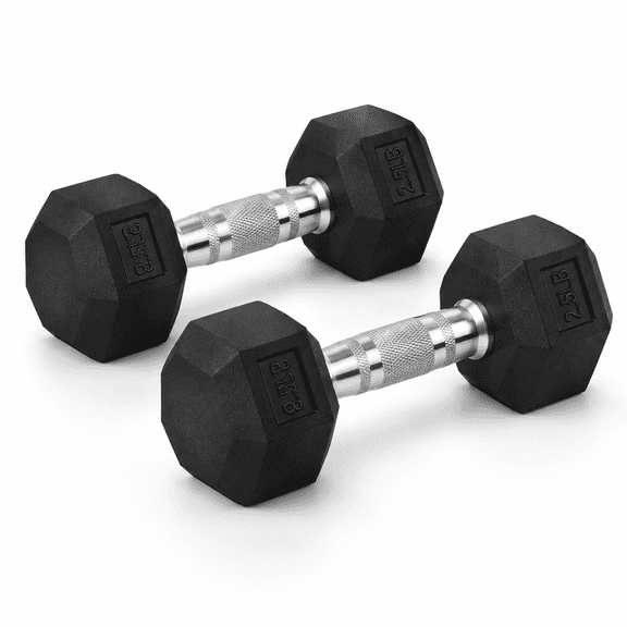 Chrome Handle 2.5 LB Pair Rubber Encased Hex Dumbbell Hand Weights for Home Gym Strength