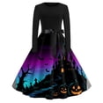 thumbnail image 2 of Women's Halloween Dress Pumpkin Hepburn Crew Neck Horror Dresses Bat 1950s Long Sleeve Spooky Swing Dress with Belt S, 2 of 6