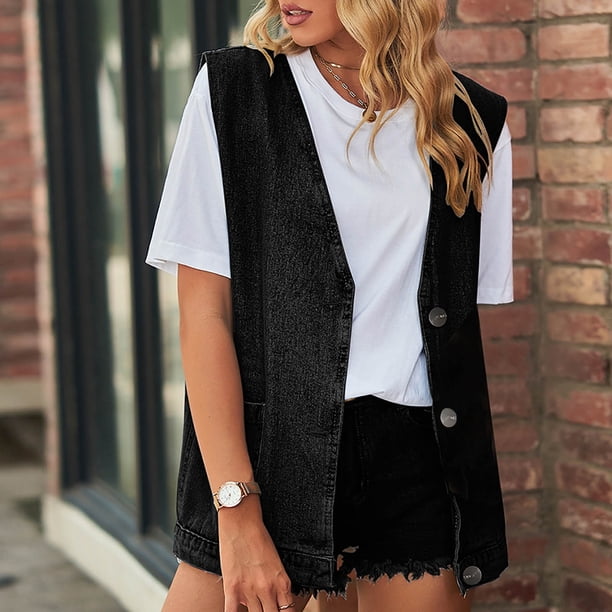 Chaleco vaquero retro informal sin mangas y sin capucha, chaquetas y abrigos de moda para mujer, cómodo, sin mangas, cárdigan sin capucha, abrigo de color