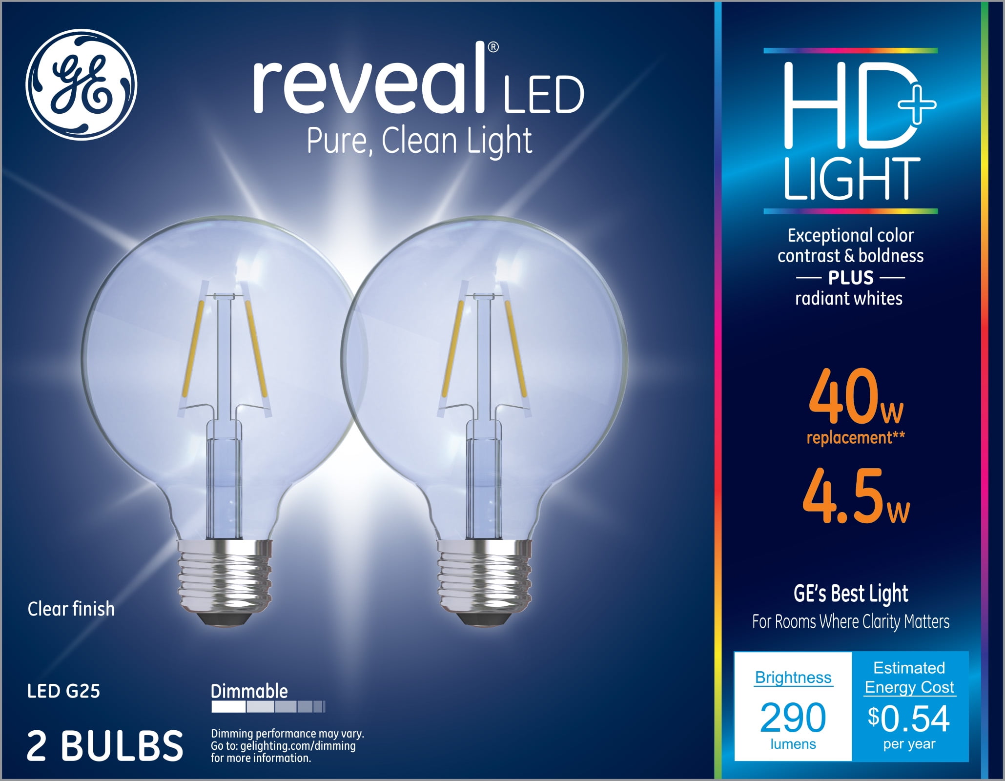 GE Reveal LED Decorative Light Bulbs, 40 Watt Eqv, G25 Globe Bulbs, 2pk