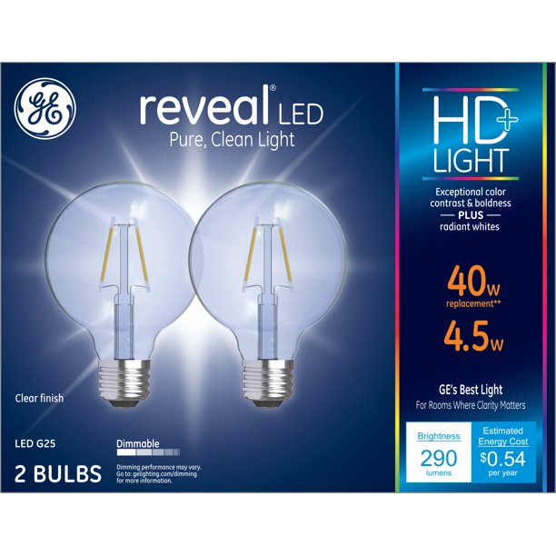 GE Reveal LED Decorative Light Bulbs, 40 Watt Eqv, G25 Globe Bulbs, 2pk