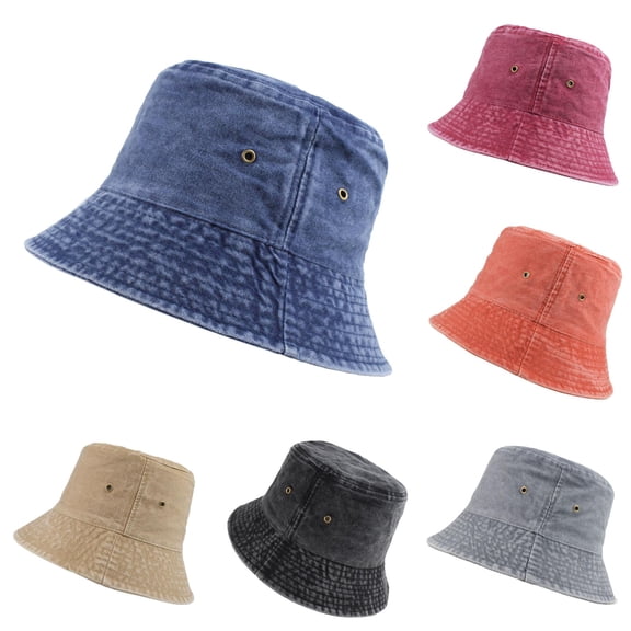 Yuanlong Unisex Washed Denim Bucket Wide Brim Sun Hat Solid Color Classic Minimalist Beach Travel Headwear