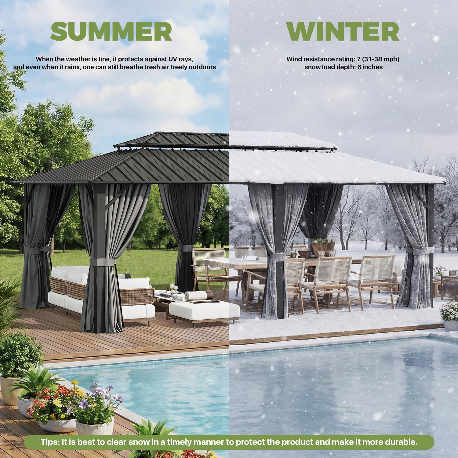 BaPiPro 12'x20' Hardtop Gazebo, Outdoor Steel Double Roof Metal Gazebo with Curtains and Nettings, Aluminum Frame Permanent Pavilion for Patio Garden Backyard, Gray