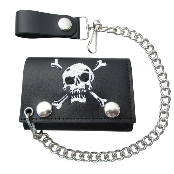 Embroidered Skull & Crossbones Leather Trifold Chain Wallet USA Made