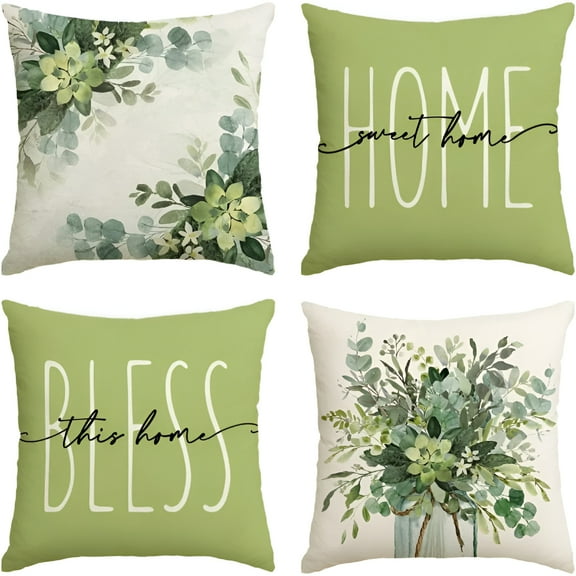 LAMIRO Eucalyptus Leaves Green Throw Pillow Covers, 16x16 Inch Spring Summer Seasonal Decorations for Home Set of 4