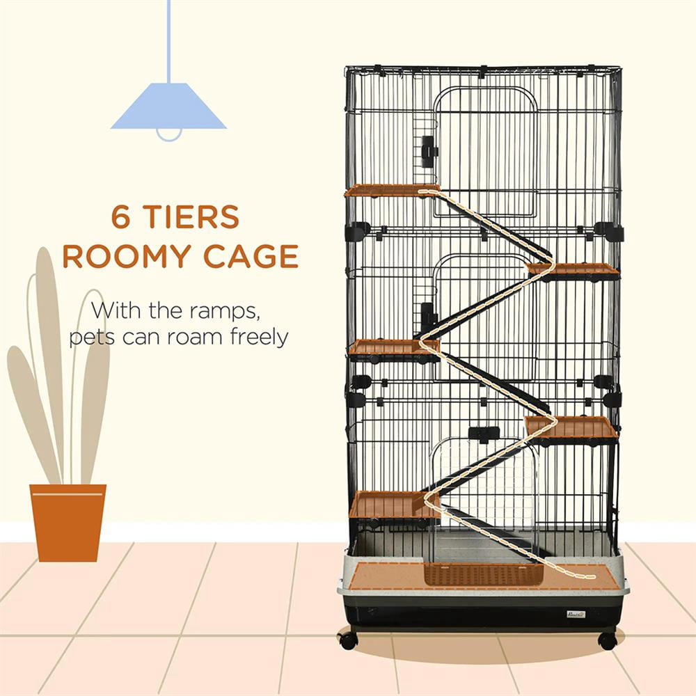 Topcobe 32"L 6-Level Small Animal Cage Rabbit Hutch with Universal Lockable Wheels, Slide-out Tray for Bunny, Chinchillas, Ferret, Indoor Outdoor Pet Shelter, Small Animal Habitat, Black