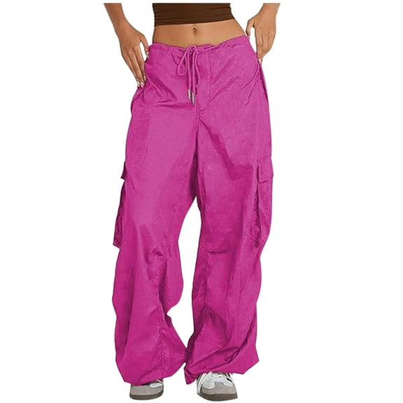 Fashion Plus Size Casual Pants for Womens Elastic Waist Solid Color Loose Pockets Low Waist Drawstring Cargo Pants