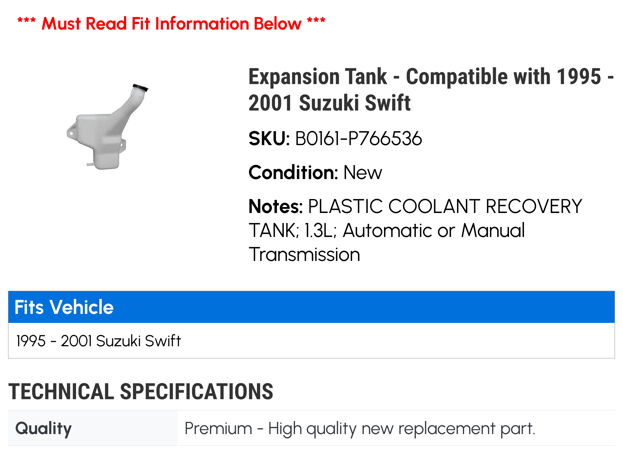 Expansion Tank - Compatible with 1995 - 2001 Suzuki Swift 1996 1997 1998 1999 2000
