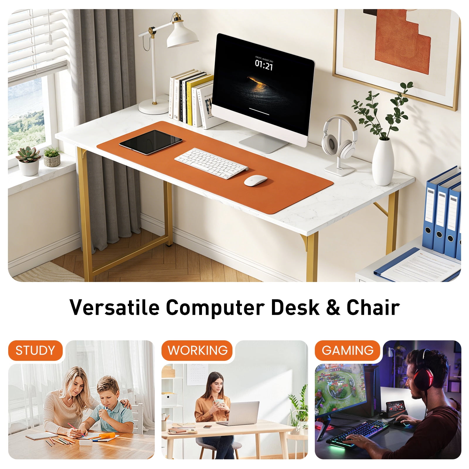 Dkelincs 40 inch Computer Desk and Chair Set Home Office Modern Wood Study Desk & Mesh Ergonomic Height Adjustable Office Chair for Small Spaces, Gold & Black