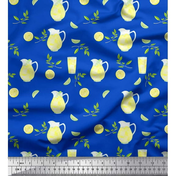 Soimoi Blue Cotton Duck Fabric Lemon Slice & Lime Juice Fruits Print Fabric by the Yard 42 Inch Wide