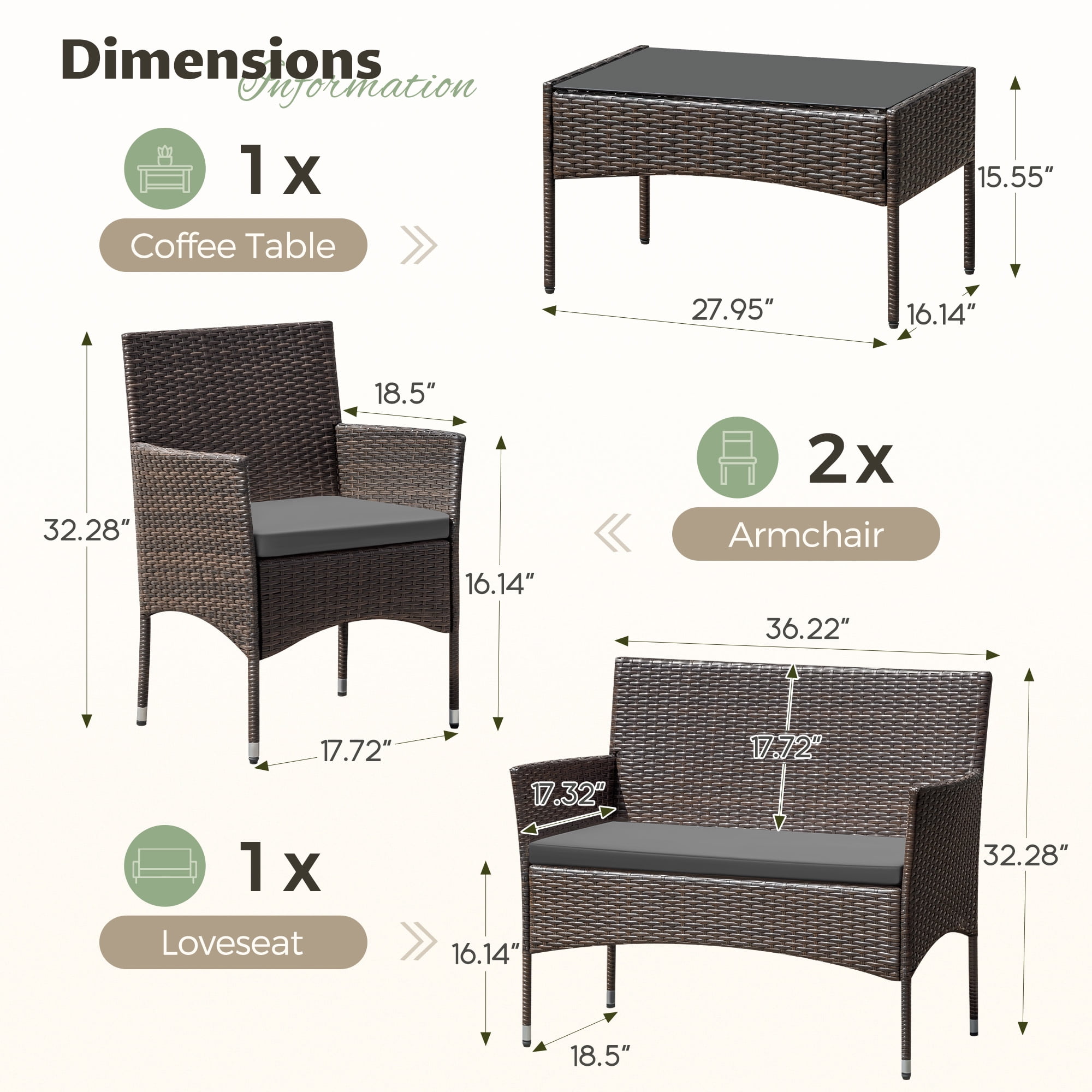 Vineego 4 4PCS Patio Furniture Set Outdoor Conversation Rattan Chairs with Cushion and Loveseat Glass Table for Garden Backyard Porch, Brown/ Gray