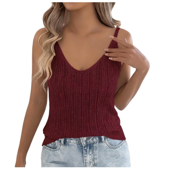 Women's Tank Tops Sevevn Women's Open Knit V-Neck Cami Top Sleeveless Spaghetti Strap Tank Top for Summer Wine XL