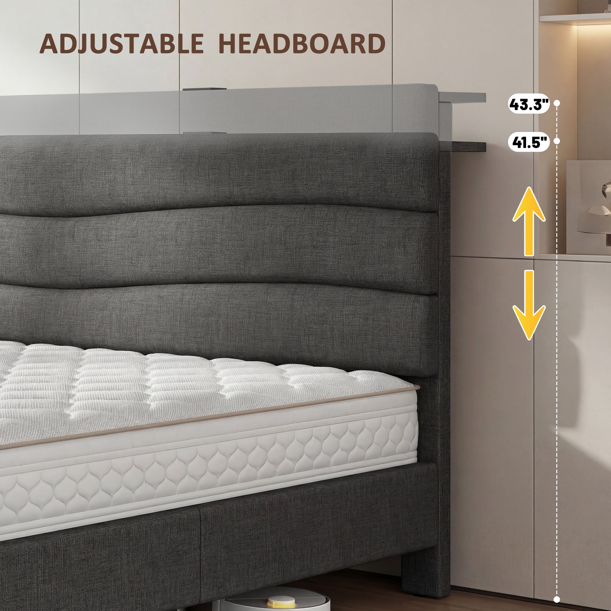 King Size Bed Frame with Storage Platform Upholstered Bed Frame with Adjustable Headboard & Charge Station,Gray