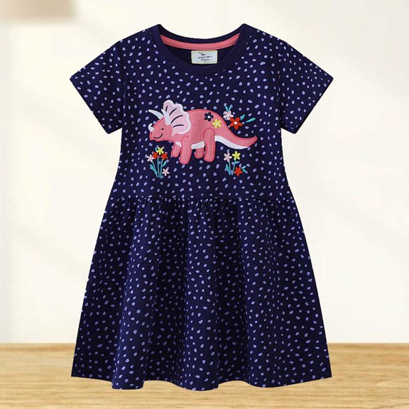 JUoaLXG Baby Girls Casual Dresses Summer Cartoon Dinosaur Print Knitted Spring Princess Dress Holiday Wear,Blue,1-2 Years