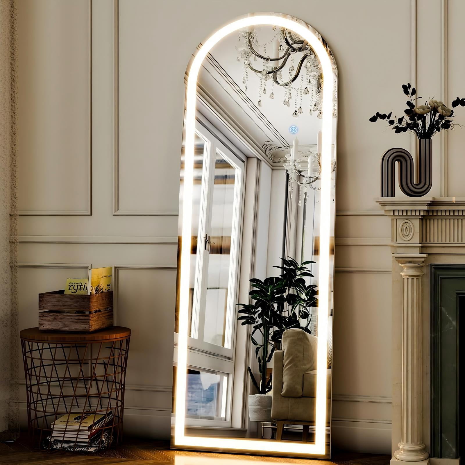 Gleamira 64"x21" LED Full Length Mirror Arched Floor Mirror with Stand, White
